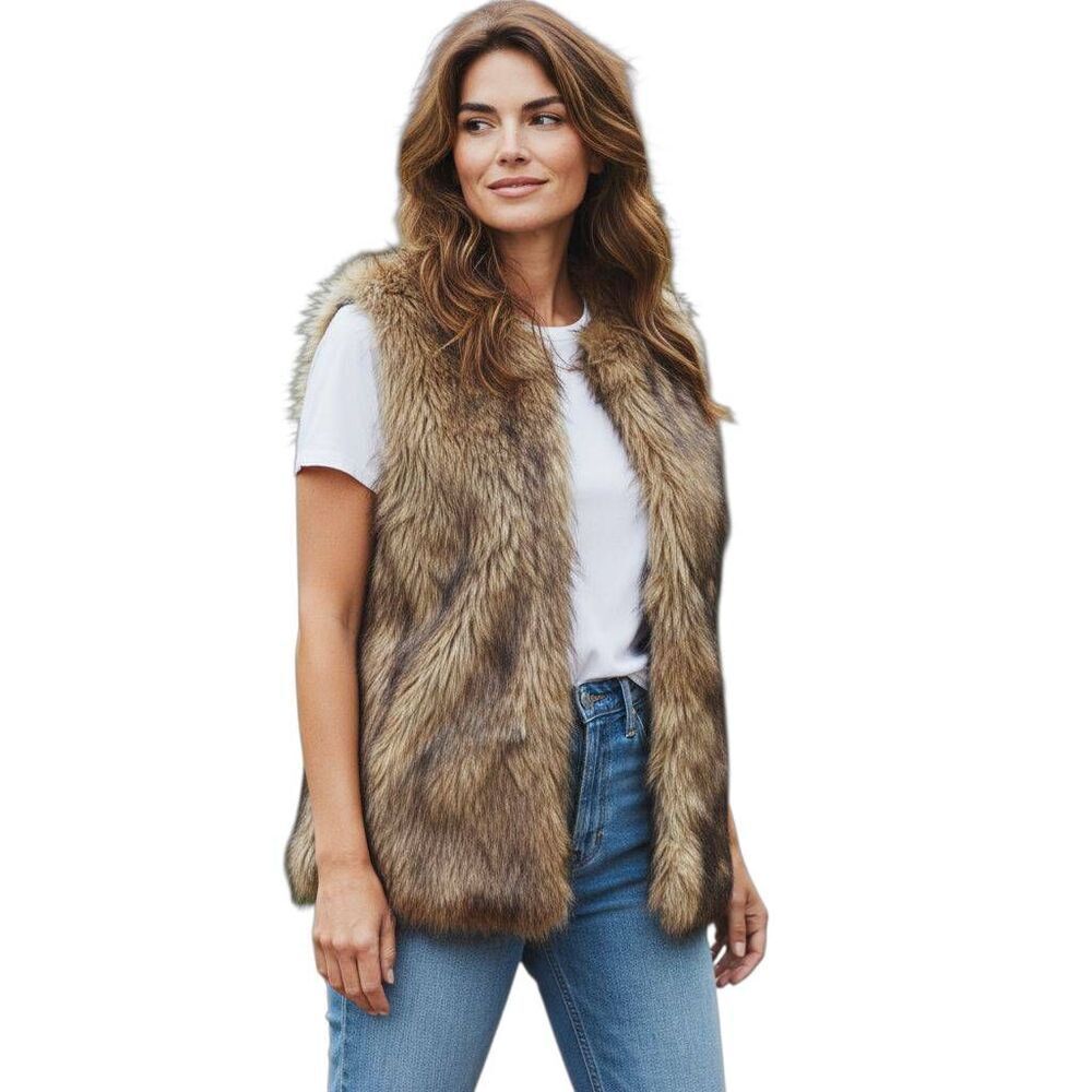 Merona Womens Open Front Faux Fur Mingled Brown Sleeveless Lined Vest SZ. XS EUC